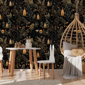 Whimsical Dark Forest Wallpaper | Magical Gothic Halloween Wallpaper | Mystical Haunted Skull Removable Wallpaper | Peel and Stick Wallpaper