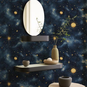 Dark Sky Star Wallpaper | Sky Moon Celestial Wallpaper | Night Starry Navy Blue Wallpaper| Removable Wallpaper | Peel and Stick Wallpaper