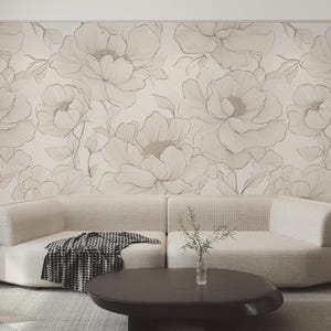 Neutral Peony Floral Wallpaper | Boho Beige Peony Wallpaper | Large Peony Wallpaper | Removable Wallpaper | Peel and Stick Wallpaper