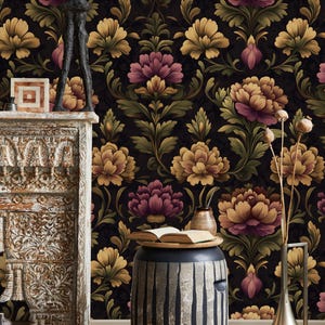 Viktorianische Blumentapete | Lila Blumen Wallpaper | Große dunkle Blumentapete | Abnehmbare Tapete