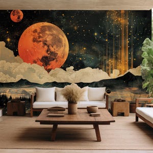 Celestial Night Sky Wallpaper | Planets Galaxy Astrologial Wallpaper | Vintage Sky Space Wallpaper | Star Full Moon Peel and Stick Wallpaper