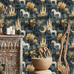Medieval Dark Wallpaper | Dark Botanical Peel and Stick Wallpaper | Whimsical Wallpaper |  Dark Botanical Secret Garden at Night Wallpaper