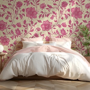 Rosa Floral Line Art Paisley-Muster Tapete | Vintage rosa Blüte Blumentapete | Abnehmbare Tapete | Tapete abziehen und aufkleben