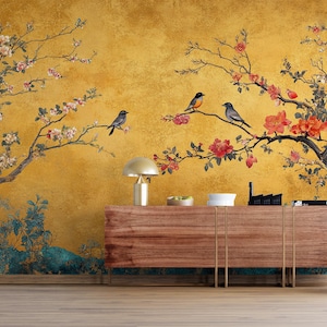 Elegant Yellow Bird and Floral Cherry Blossom Wallpaper | Yellow Chinoiserie Wallpaper | Removable Wallpaper | Peel and Stick Wallpaper