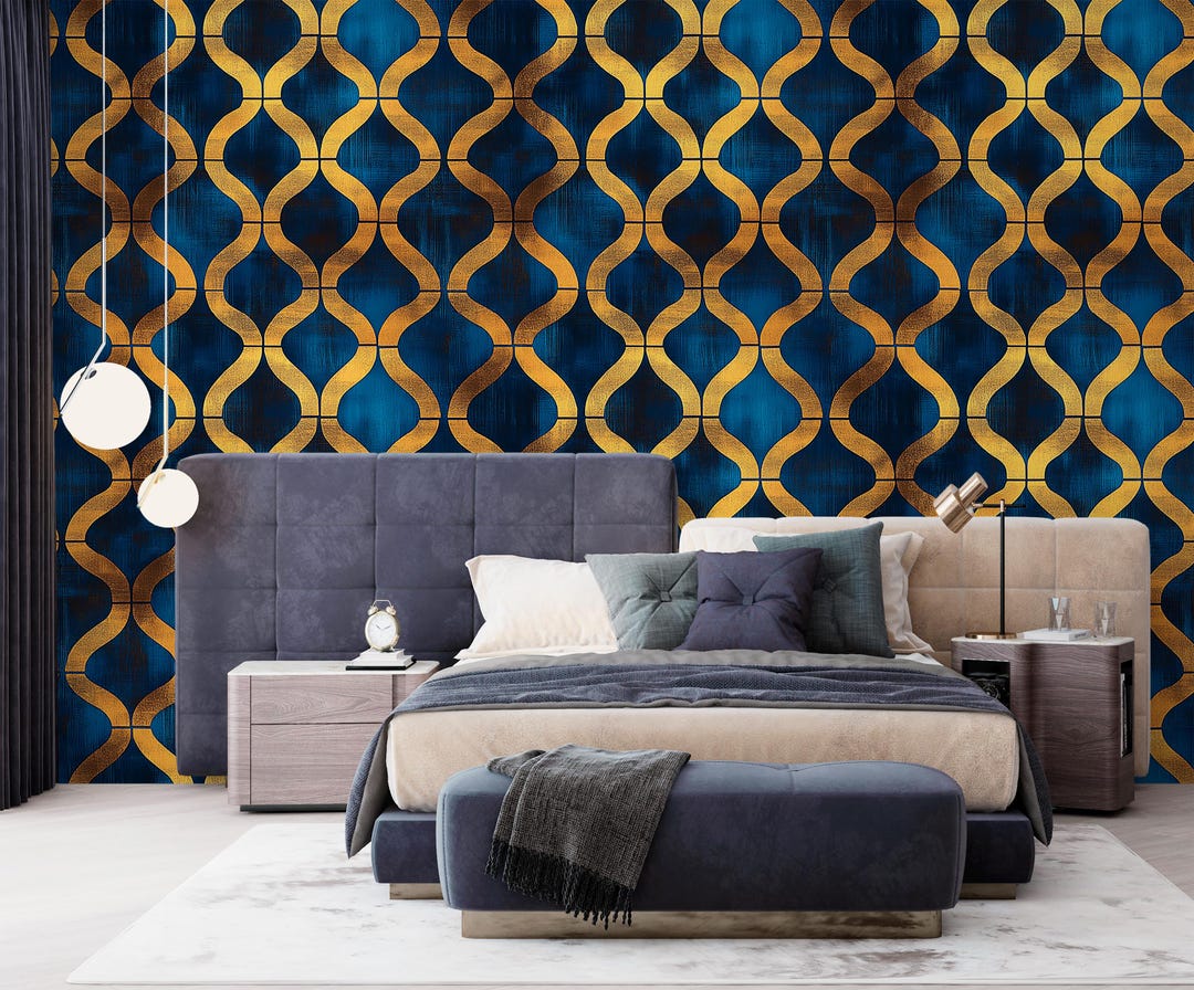 Art Deco Geometric Wallpaper: Navy & Gold Peel and Stick Mural - Etsy