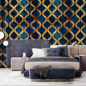 Art Deco Geometric Wallpaper: Navy & Gold Peel and Stick Mural