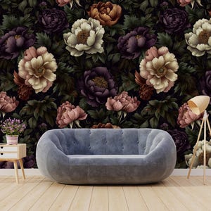 Dunkle Blumentapete | Lila Pfingstrose Wallpaper | Große dunkle Pfingstrose Blumentapete | Abnehmbare Tapete | Tapete abziehen und aufkleben