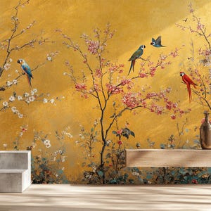 Elegant Yellow Bird and Floral Cherry Blossom Wallpaper | Yellow Chinoiserie Wallpaper | Removable Wallpaper | Peel and Stick Wallpaper