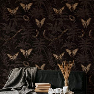 Dark Snakes Wallpaper | Dark Botanical Snake Wallpaper | Serpent and Butterfly Wallpaper | Removable Wallpaper | Peel and Stick Wallpaper