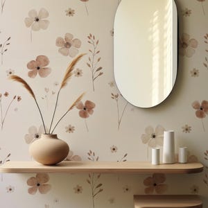 Vintage Floral Beige Wallpaper | Minimalist Flower Wallpaper |  Boho Floral Wallpaper | Removable Wallpaper | Peel and Stick Wallpaper
