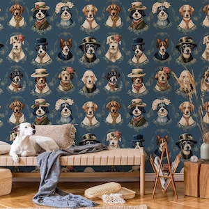Classy Dog Wallpaper | Dog Removable Wallpaper | Elegant Dog Portrait Wallpaper |  Wallpaper Funky Dog |  Vintage Floral Design Wallpaper
