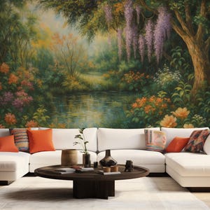 Tropical Forest Landscape Peel and Stick Wallpaper | Floral Jungle Nature  Wall Mural | Watercolor Flowers Botanical Wallpaper Mural Trees