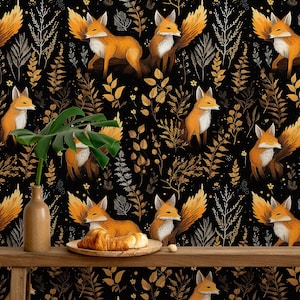 Golden Fox Forest Wallpaper | Whimsical Fox Garden Wallpaper | Animals Dark Night Wallpaper | Removable Wallpaper | Peel and Stick Wallpaper