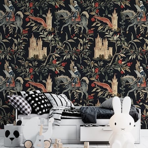 Medieval Wallpaper with Castle Wallpaper | Whimsical Dark Medieval Knights Wallpaper | Removable Wallpaper | Peel and Stick Wallpaper