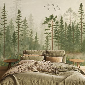 Watercolor Pine Forest Wallpaper Mural: Misty Woodland Nursery Decor