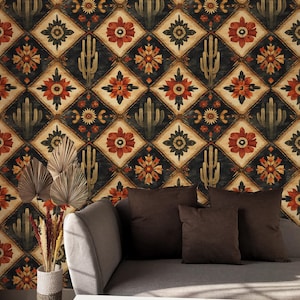 Carta da parati in stile africano / Carta da parati boho del sud-ovest / Carta da parati tribale astratta / Carta da parati con cactus floreali del deserto / Carta da parati con motivi western vintage