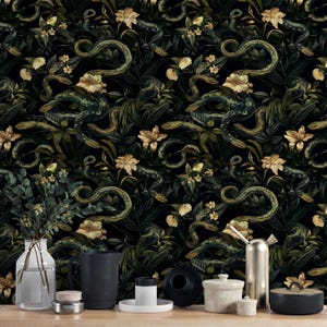Dark Snakes Wallpaper | Dark Botanical Snake Pattern Wallpaper | Serpent and Lily Wallpaper | Removable Wallpaper | Peel and Stick Wallpaper