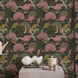 Enchanted Forest Wallpaper | Woodland Trees Landscape Wallpaper | Vintage Floral Wallpaper | Removable Wallpaper | Peel and Stick Wallpaper