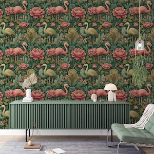 Papel pintado vintage de flamencos: mural de flor de loto tropical, despegar y pegar