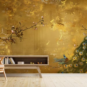 Alte chinesische Tapete zum Abziehen und Aufkleben Pfau Golden Chinoiserie Wallpaper | Tapete Gold Antik | Tapete abziehen und aufkleben
