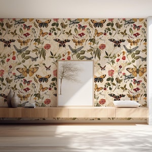 Butterfly and Flower Wallpaper | Luxury Vintage Butterfly Wallpaper | Colorful Butterfly | Removable Wallpaper | Peel and Stick Wallpaper