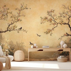 Chinoiserie Tapete | Vogel- und Blumentapete | Elegante Tapete mit Blumen und Vögeln | Abnehmbare Tapete | Tapete abziehen und aufkleben