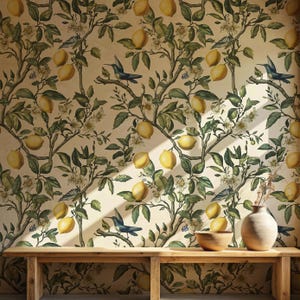 Carta da parati vintage con limone / Carta da parati con colibrì tropicale / Carta da parati con albero di limone botanico / Carta da parati rimovibile / Carta da parati staccabile e attaccabile