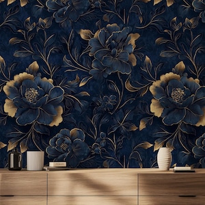 Carta da parati floreale blu navy e oro / Carta da parati con fiori di peonia disegnati / Carta da parati con peonie blu scuro / Carta da parati rimovibile / Carta da parati staccabile e attaccabile