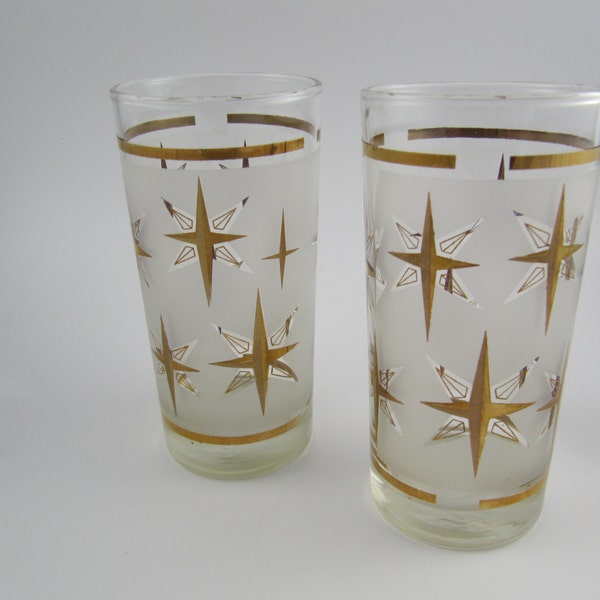 Vintage Gold Starburst Highball Tom Collins Glasses, Set of 2, Atomic Snowflake