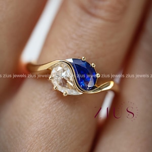 Bague saphir toi et moi 2 carats et diamants en or 14 carats/18 carats | Saphir bleu taille poire et diamant blanc | Bague de fiançailles unique en deux pierres.