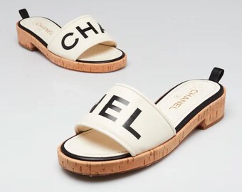 Vintage Iconic Black and White Logo CC CHANEL Slides Cork  display picture 1