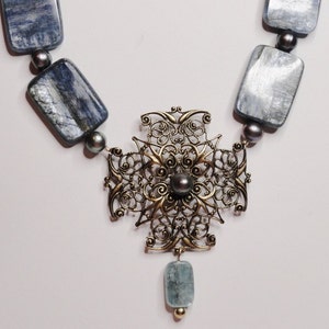 Kyanite, pearl and antique brass necklace
