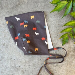 Op de afbeelding: Een bruine stoffen muts met witte voering en een strik sluiting. De muts is versierd met een herhalend patroon van kleurrijke beren.