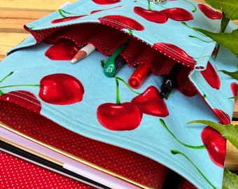 Jack and Jill - Book Sleeve, Book Pouch,Tablet Sleeve, Kindle Sleeve, with Pen Organizer - Aqua Cherries
