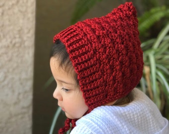 Crochet Baby Pixie Bonnet - Deep Red Cluster Size 3-6 months