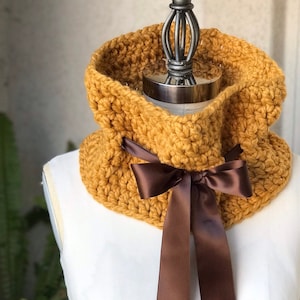 Crochet Cowl with Ribbon Ties - Mustard