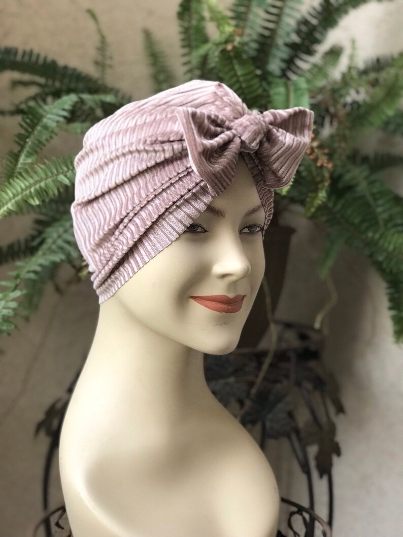 Hat Turban Pink Velour Bow image 1