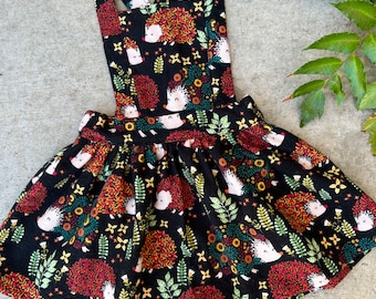 Nora- Button Back Pinafore Dress - Autumn Hedgehogs