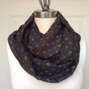 Wide Infinity Scarf - Chiffon Brown and Blue Hearts