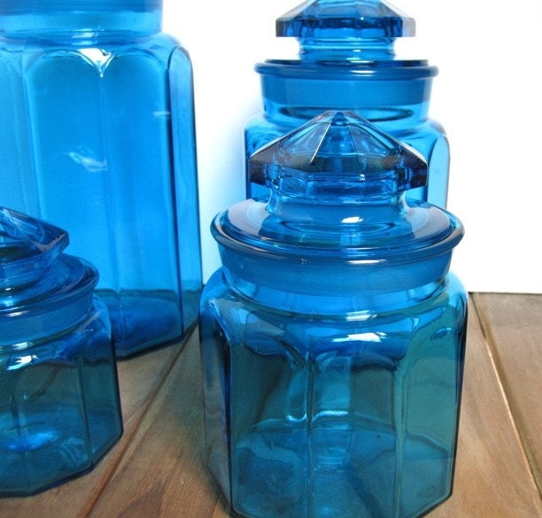 Set of 4 Vintage Blue Glass Canisters Etsy