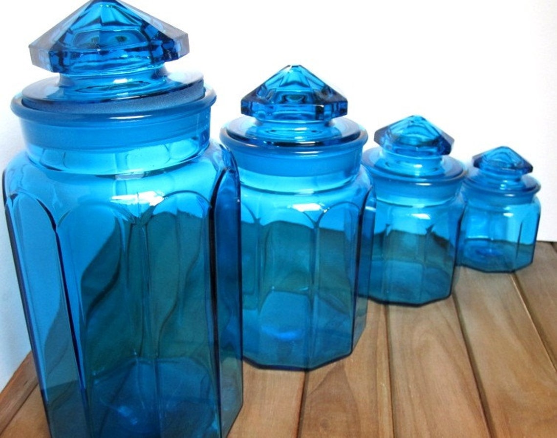 Set of 4 Vintage Blue Glass Canisters Etsy