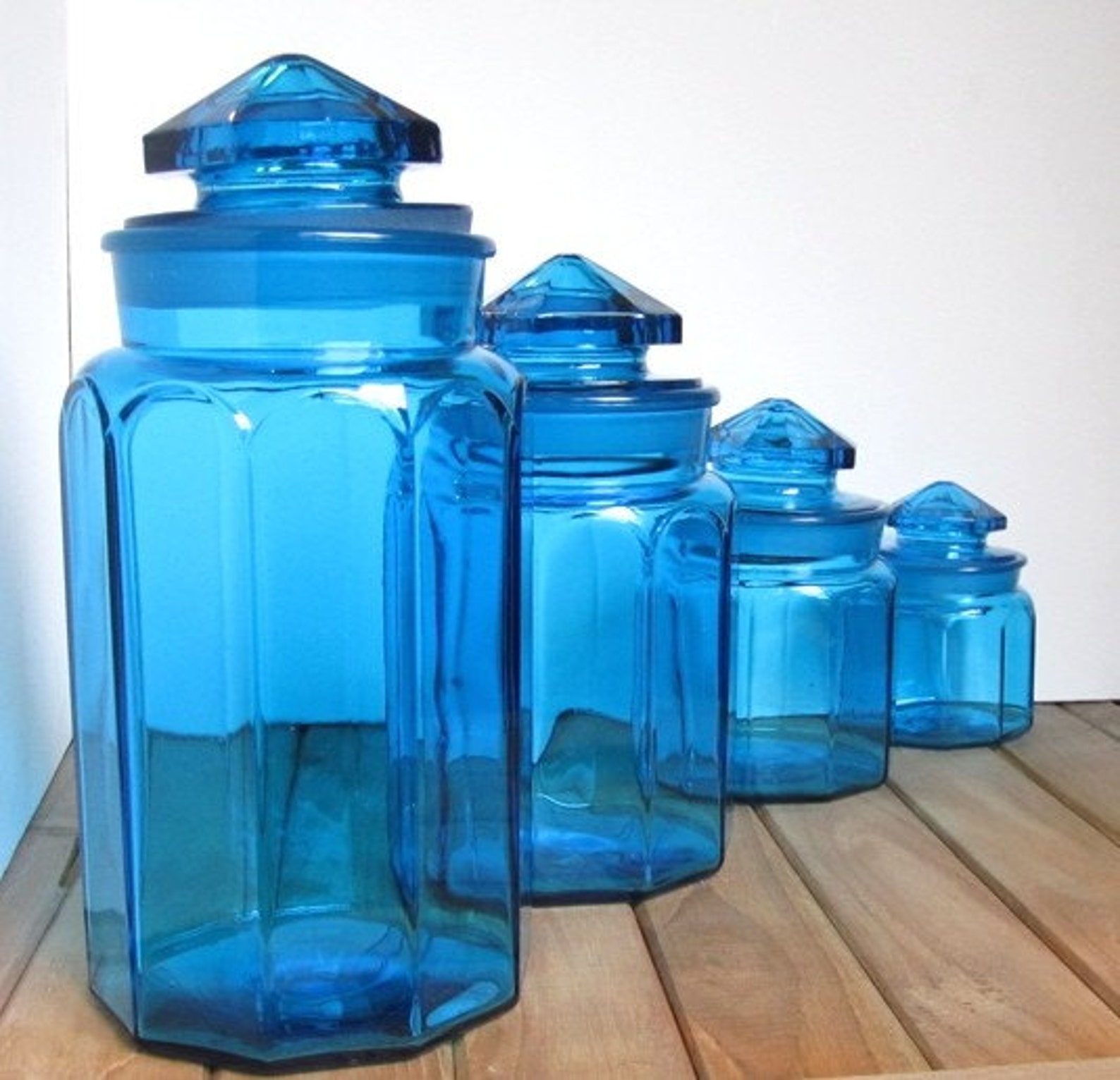 Set of 4 Vintage Blue Glass Canisters Etsy