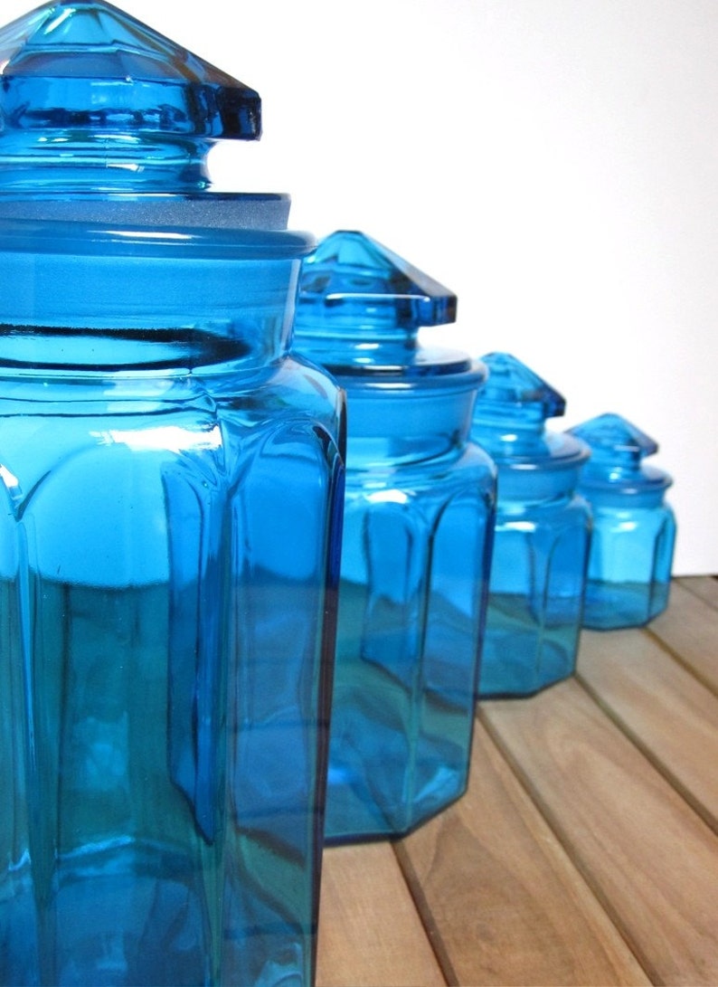 Set of 4 Vintage Blue Glass Canisters Etsy