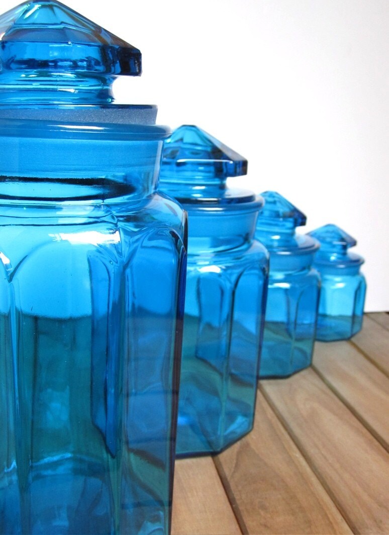 Set of 4 Vintage Blue Glass Canisters | Etsy