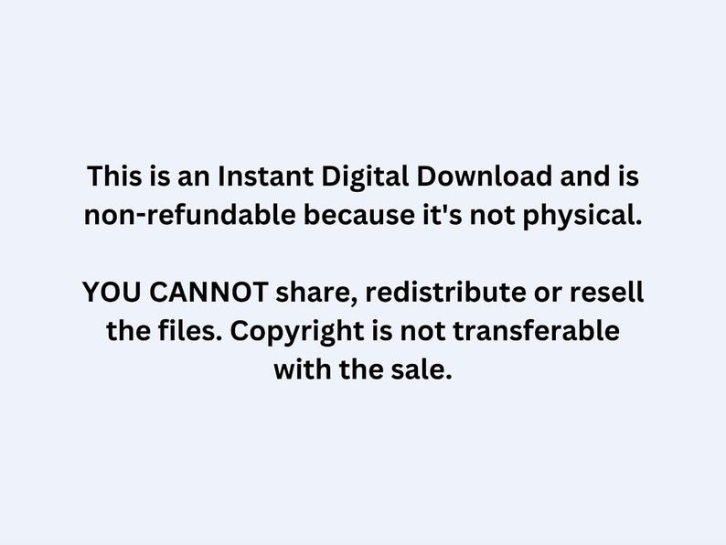 Pu&ograve; includere: Testo che indica che questo &egrave; un download digitale istantaneo e non &egrave; rimborsabile perch&eacute; non &egrave; fisico. Indica anche che non &egrave; possibile condividere, ridistribuire o rivendere i file. Il copyright non &egrave; trasferibile con la vendita.