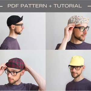 Könnte beinhalten: Vier verschiedene Herren-Fahrradmützen in verschiedenen Farben und Mustern. Die Mützen sind aus Stoff und haben ein schlichtes Design. Die Mützen werden auf Modellen mit Brille gezeigt.