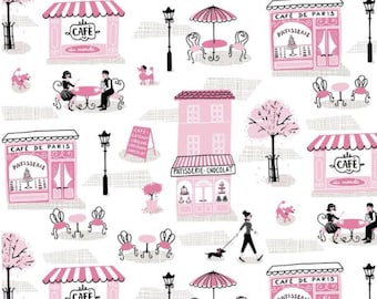 Parisian Cafe Cotton Fabric in Pink and Black