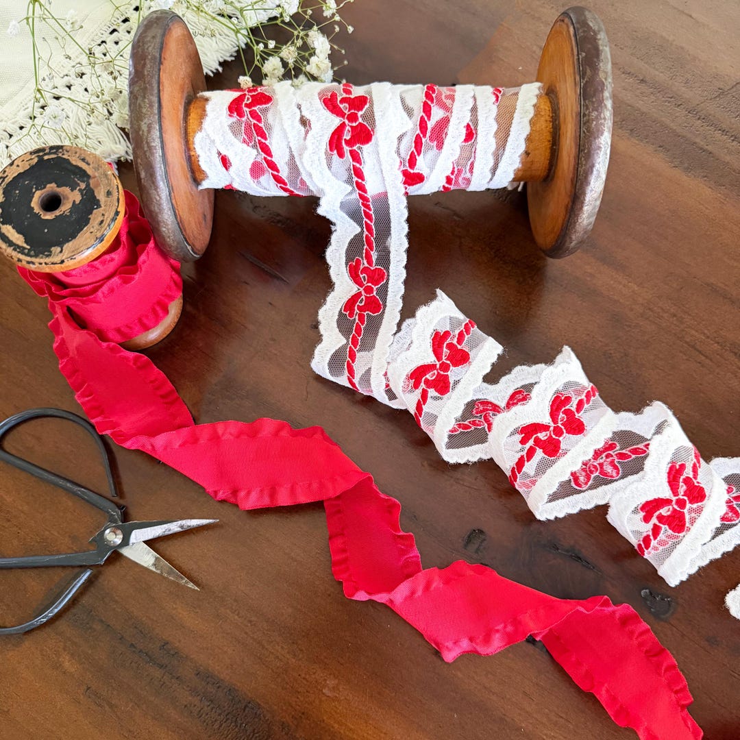 Red Ribbon Ruffle Trim Red Ribbon Set - One Piece Each of Double Ruffle Edge Ribbon & Bow Lace ...