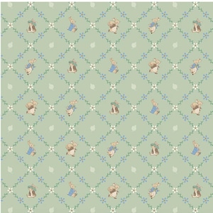 May include: A repeating pattern on a light green background featuring illustrations of rabbits in blue jackets and hats, interspersed with blue and white floral and vine motifs. The design has a grid-like structure.