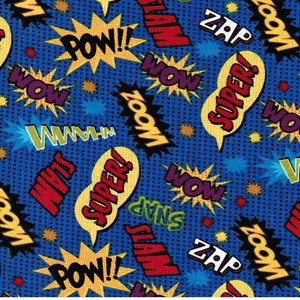 Comic Words Super Hero Cotton Fabric by-the-yard { Great for Masks } Bam, Pow